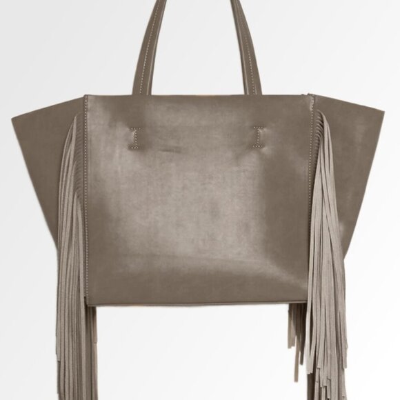 Anthropologie REMI & REID LEATHER SIDE FRINGE BAG TAUPE - Picture 1 of 8